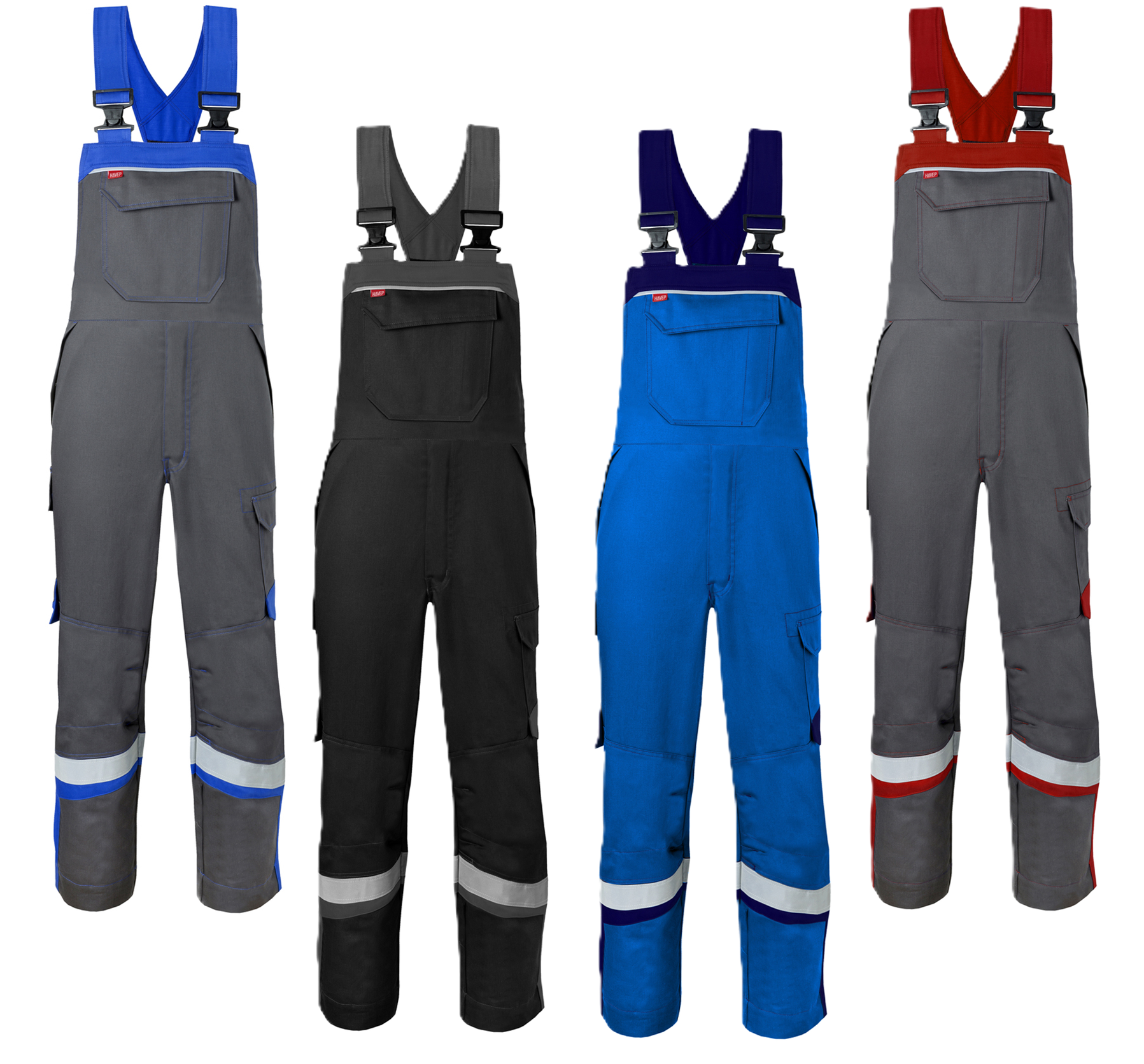 Overallhosen, Arbeitskleidung, Reflexstreifen, Taschen, Farbenvielfalt