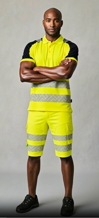 hochsichtbar, Poloshirt, Shorts, reflektierende Streifen, Arbeitskleidung