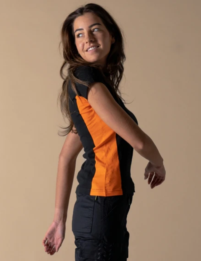 Kurzarm, Schwarz-Orange, Panelschnitt, T-Shirt, Beinansatz?, t-shirt, orange panel, black sides, short sleeves, slim fit