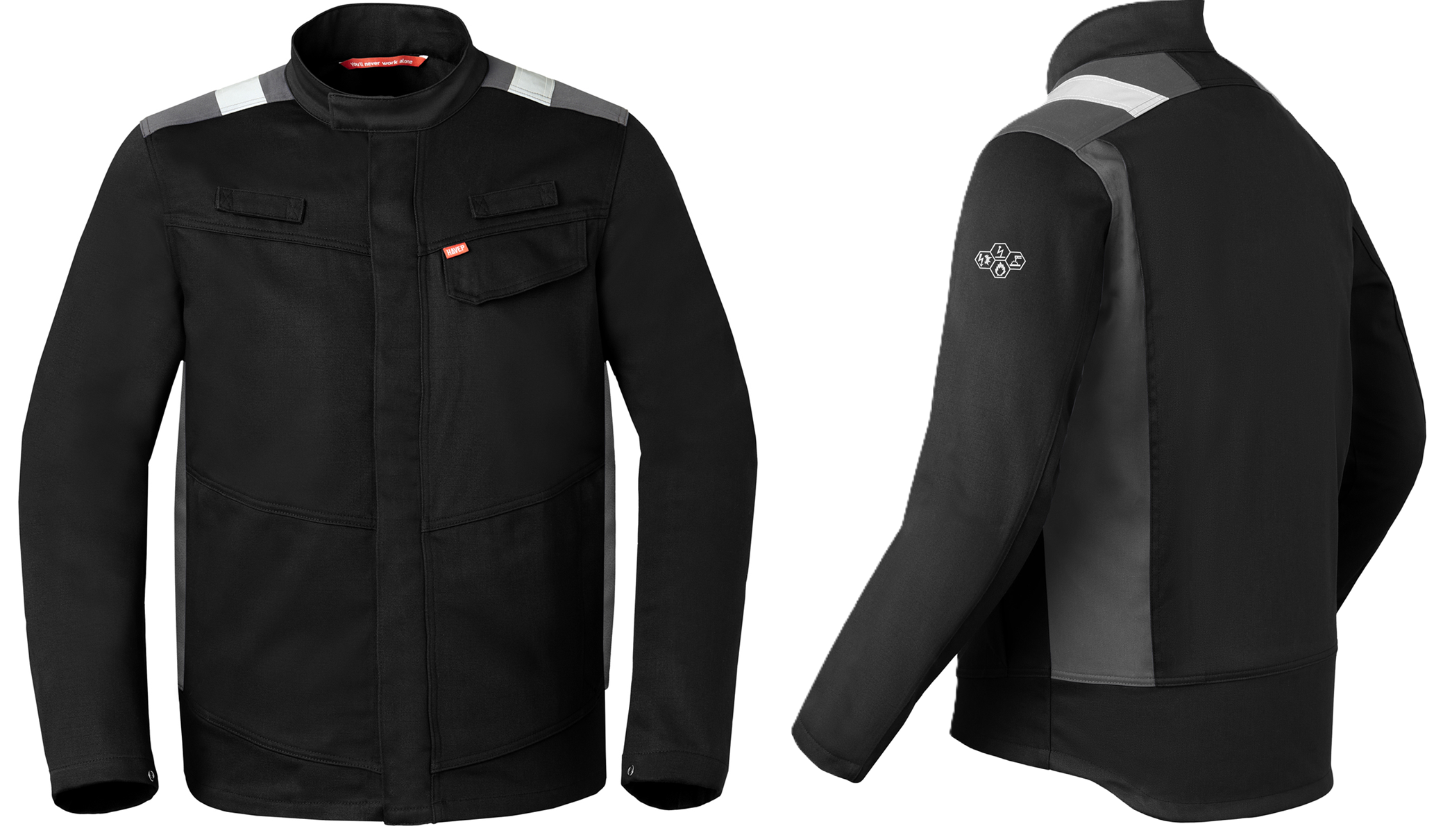 jacke, arbeitsjacke, schwarz, vordertasche, schulter-kontrast