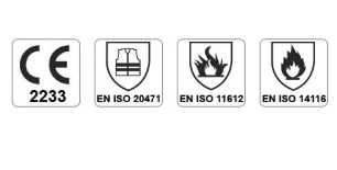 CE 2233, EN ISO 20471, EN ISO 11612, EN ISO 14116
