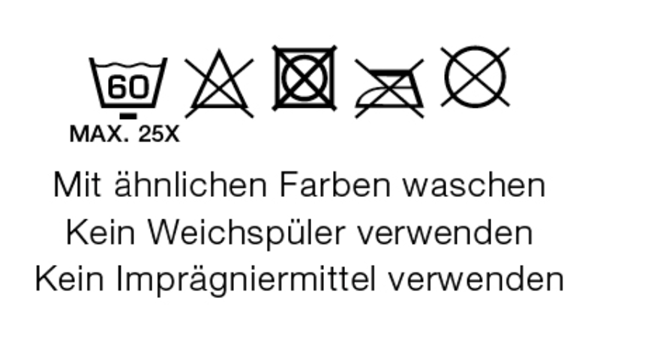 Waschanleitung, Pflegehinweise, Waschsymbol, Textilpflege, Kleidung, Waschhinweis, Buntwäsche, Kein Weichspüler, Kein Imprägniermittel, 40°C