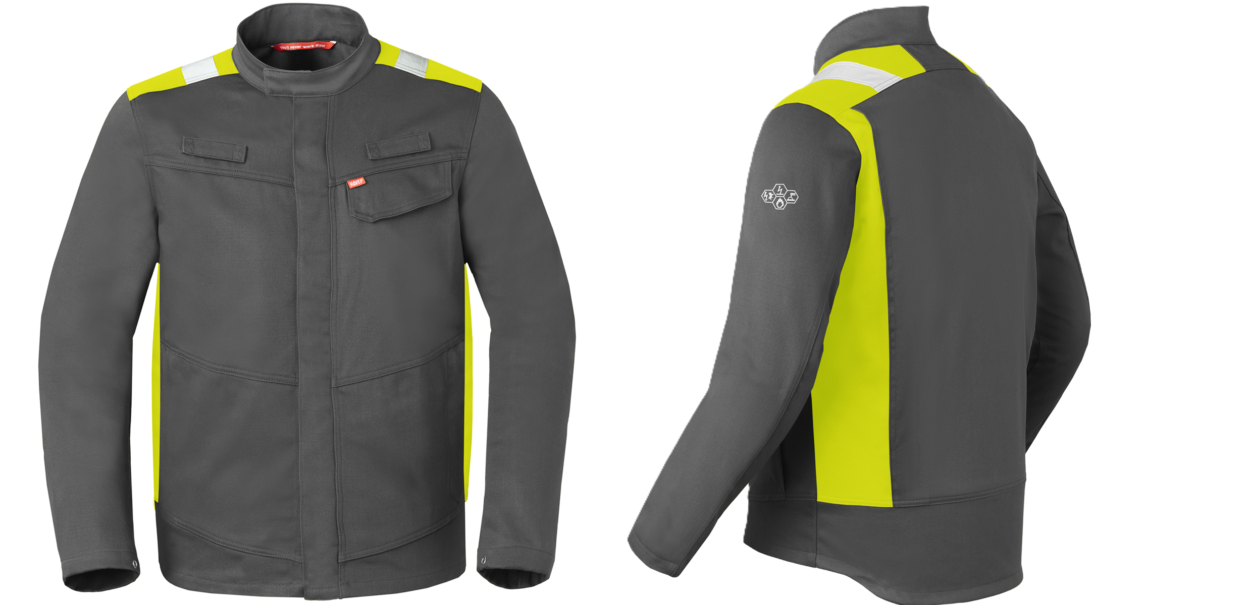 Arbeitsjacke, Safetyjacke, Reflektorstreifen, Graue Jacke, Fronttaschen, Arbeitsjacke, Weste, Hochsichtbar, Neon Gelb, Schwarz/Grau