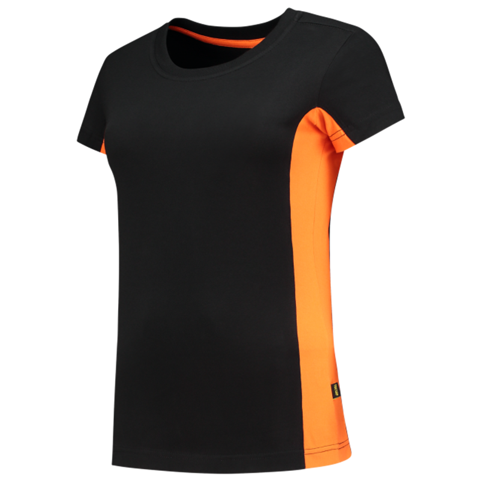 T-Shirt, Kurzarm, Schwarz, Orange Seitenstreifen, Sport-Top