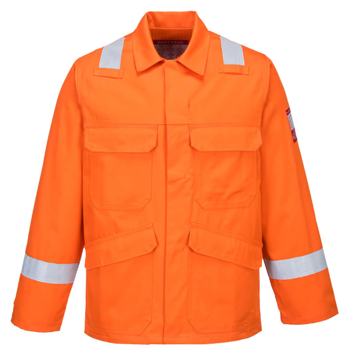 Orange Jacke, reflektierende Streifen, Arbeitsbekleidung, Taschen, lange Ärmel